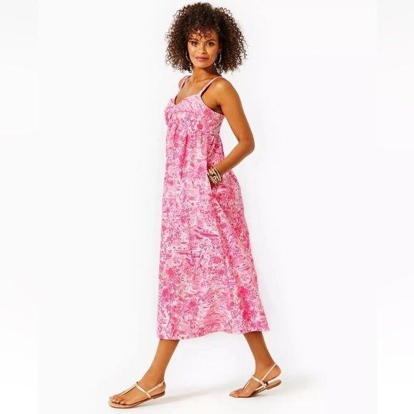 Lilly Pulitzer Azora Cotton Midi Dress Peony Pink Seaside Scene 14 - Picture 2 of 14